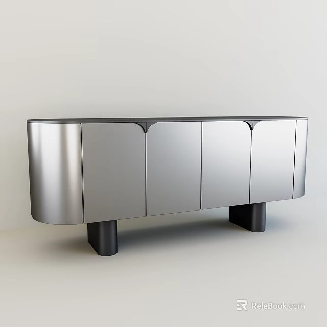 Modern Sleek Entryway Console Cabinet With Silver Finish Multiple Doors And Black Legs 3d model 
