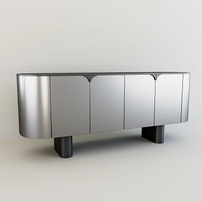 Modern Sleek Entryway Console Cabinet With Silver Finish Multiple Doors And Black Legs 3d model