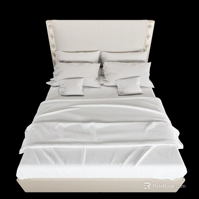 Modern Double Bed With White Linens Upholstered Headboard And Pillows 3d model