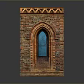 Red Brick Decorative Furniture Piece With Arched Blue Door And Ornate Top