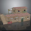 Two Story Model Building With Red Tiled Roof Staircase Colorful Doors Windows And Balcony