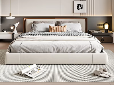 Modern Minimalist Bedroom Interior With Upholstered Double Bed Gray Pillows Striped Quilt And Striped Rug 3d model