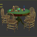 Round Wooden Table With Green Top And Four Wooden Chairs With Wine Bottles And Glasses