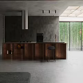 Modern Dark Kitchen Interior With Island Range Hood Stone Wall And Open Plan Dining Area 3d model