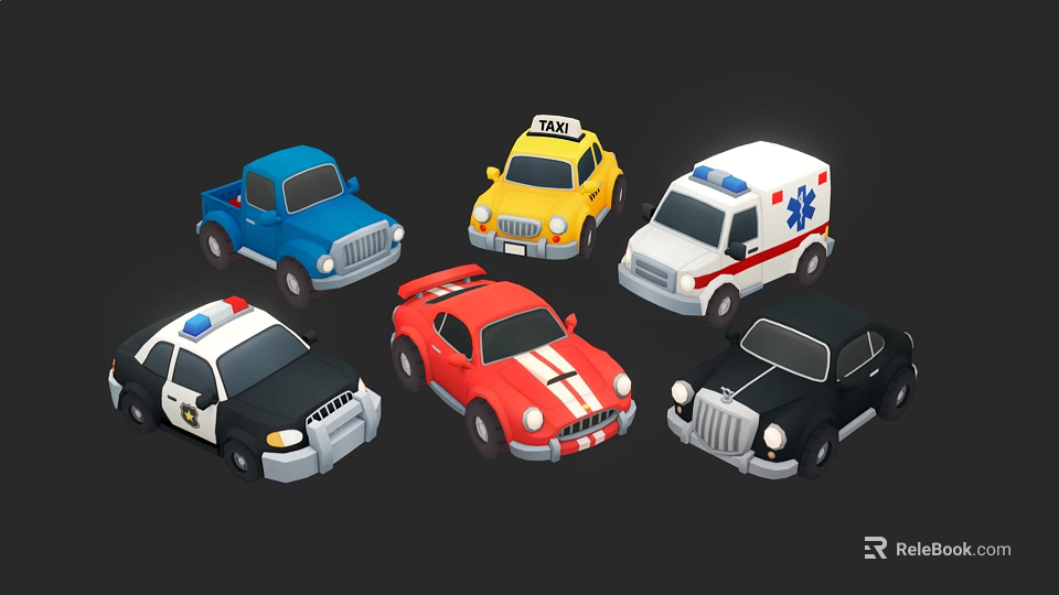 Collection of Various Toy Car Models Including Police Ambulance Taxi and Sports Car 3d model 