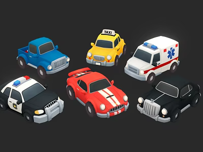 Collection of Various Toy Car Models Including Police Ambulance Taxi and Sports Car 3d model