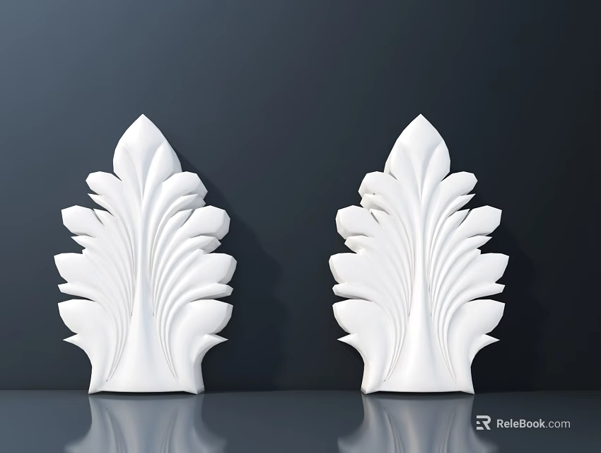 White Leaf Shaped Carvings With Intricate Patterns Against Dark Background On Reflective Surface 3d model