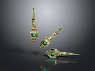 Ornate Decorative Spire Sculptures With Green Gemstones Metallic Finish And Intricate Patterns 3d model