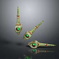 Ornate Decorative Spire Sculptures With Green Gemstones Metallic Finish And Intricate Patterns