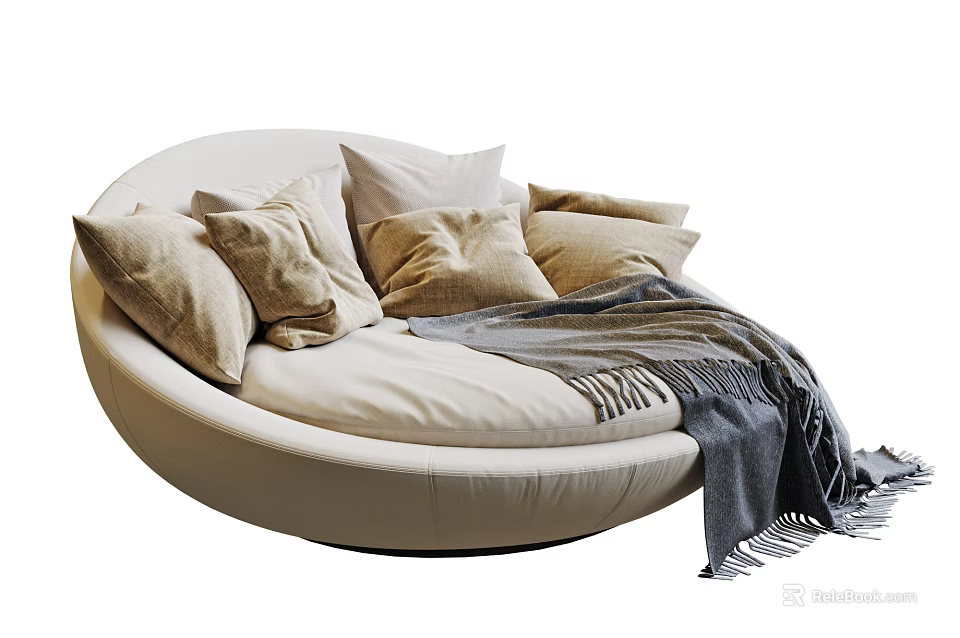 Round White Single Sofa With Plush Beige Cushions And Cozy Gray Blanket 3d model 