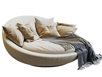 Round White Single Sofa With Plush Beige Cushions And Cozy Gray Blanket 3d model