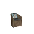 Woven Rattan Outdoor Chair With Gray Cushion And Blue White Striped Pillow