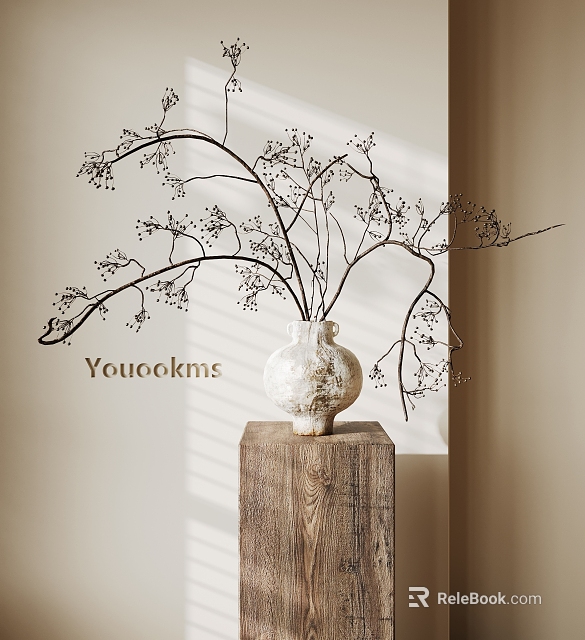 Elegant White Vase With Dried Twig Flowers On Wooden Cube Base Light Wall Decor 3d model 