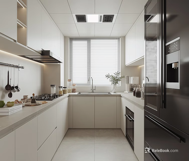 Modern Kitchen Interior Design With White Cabinets Countertop Blinds Sink And Appliances 3d model 