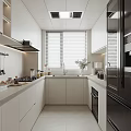 Modern Kitchen Interior Design With White Cabinets Countertop Blinds Sink And Appliances
