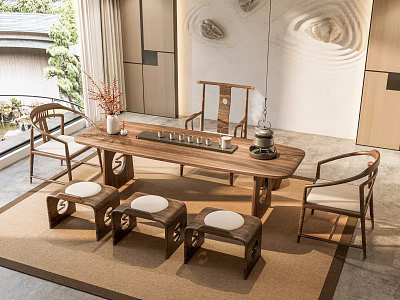 Traditional Tea Room Interior With Wooden Tea Table Traditional Chairs Small Stools And Tea Sets 3d model