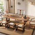 Traditional Tea Room Interior With Wooden Tea Table Traditional Chairs Small Stools And Tea Sets