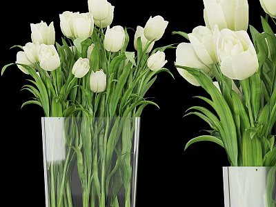 Decorative Arrangement with White Tulip Bouquets in Transparent Glass Vases for Home Interior 3d model