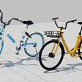 Two Blue And Yellow Bicycles With Front Baskets Parked On Paved Ground 3d model