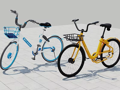 Two Blue And Yellow Bicycles With Front Baskets Parked On Paved Ground 3d model