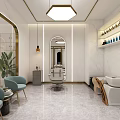 Modern Beauty Hair Salon Interior Design With Comfortable Styling Chairs Pendant Lights And Marble Flooring