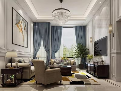 Elegant Living Room Interior With Crystal Chandelier Blue Curtains Sofa And Area Rug 3d model