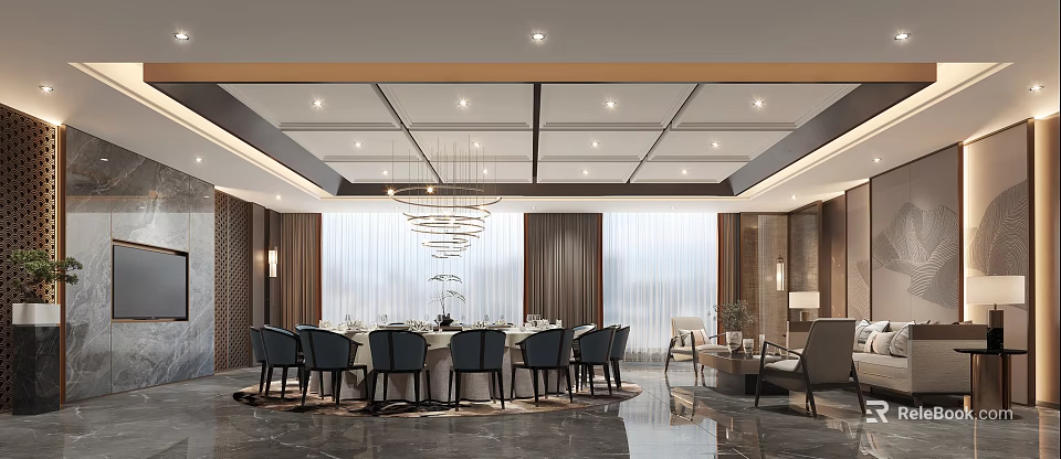 Elegant Modern Dining Room With Round Table Black Chairs Chandelier And Sofa 3d model 