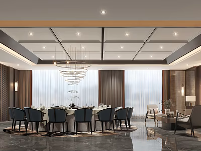 Elegant Modern Dining Room With Round Table Black Chairs Chandelier And Sofa 3d model