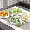 Fresh Oranges Green Apples Avocados Pears In White Bowls On Table Mat