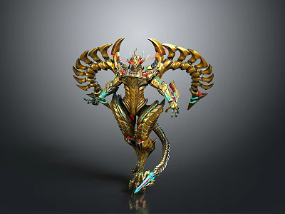 Mythical Game and Movie Character With Golden Ornate Armor Wings Tail and Colorful Details 3d model