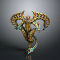 Mythical Game and Movie Character With Golden Ornate Armor Wings Tail and Colorful Details