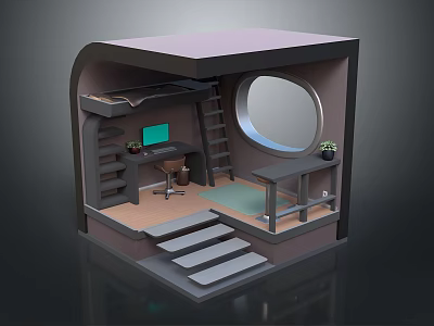Cartoon Room Interior Scene With Desk Laptop Ladder Round Mirror Plant And Stairs 3d model