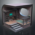 Cartoon Room Interior Scene With Desk Laptop Ladder Round Mirror Plant And Stairs