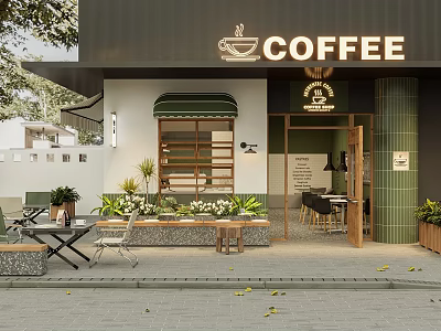 Cozy Café Exterior With Green Awning Signboard Outdoor Seating And Plants 3d model