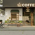 Cozy Café Exterior With Green Awning Signboard Outdoor Seating And Plants