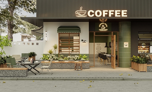 Artistic Cafe Door Head Outdoor Table and Chair Green Plant Combination 3d model