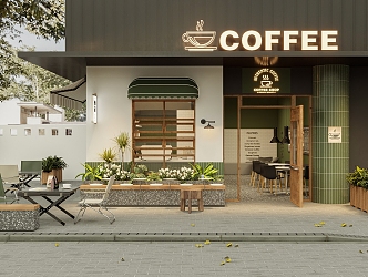 Artistic Cafe Door Head Outdoor Table and Chair Green Plant Combination 3d model