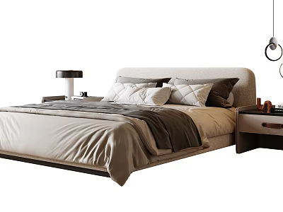 Modern Double Bed With Upholstered Headboard Soft Bedding Pillows And Bedside Tables 3d model