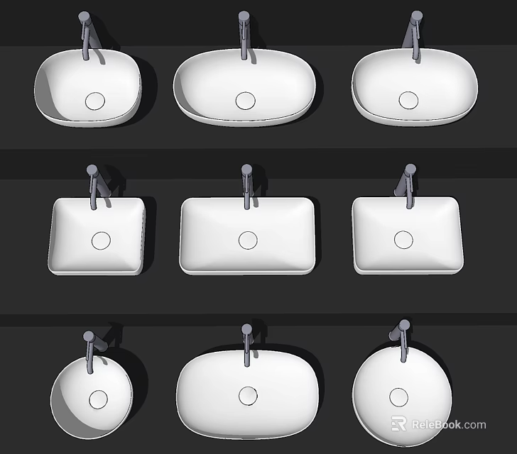 Different Shaped Ceramic Washbasins With Faucets For Bathroom Design Ideas 3d model 