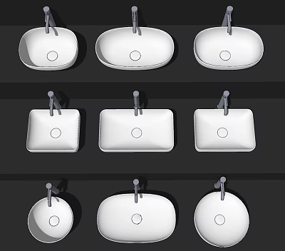 Different Shaped Ceramic Washbasins With Faucets For Bathroom Design Ideas 3d model