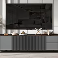 Modern TV Stand with Decorative Items and Striped Wall in Living Room