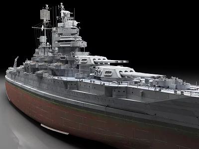 Detailed Large Battleship With Gray Hull Red Bottom Main Guns And Deck 3d model