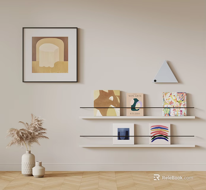 Stylish Decorative Ornament Combination With Framed Artwork Triangular Decor Shelves And Dried Grass Vase 3d model 