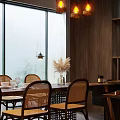 Rustic Café Interior With Wooden Striped Ceiling Stone Wall COFFEE Sign Pendant Lights And Bookshelves