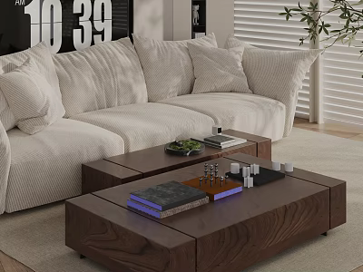 Elegant Wooden Coffee Table in Modern Living Room with Sofa Books and Decorations 3d model