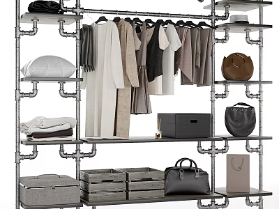 Organized Industrial Metal Rack With Hanging Clothes Folded Clothes Storage Boxes And Bags 3d model