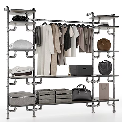 Organized Industrial Metal Rack With Hanging Clothes Folded Clothes Storage Boxes And Bags 3d model