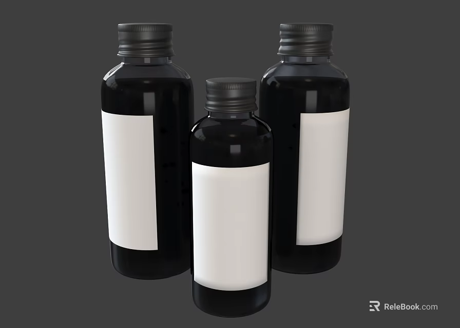 Three Black Household Bottles With White Labels For Daily Storage Use 3d model 