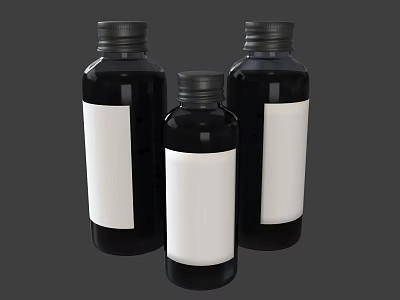 Three Black Household Bottles With White Labels For Daily Storage Use 3d model