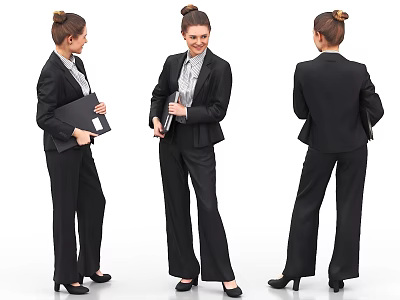 Professional Business Woman In Black Suit Holding Folder With Back Front Side Views 3d model